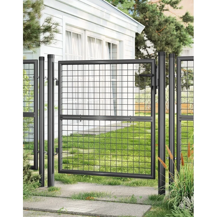 Songmics Gartentor, Gartentür, verzinkter Stahl, abschließbar, Tür 106x100 cm (B x H), rundes Rohr, grau – Bild 1