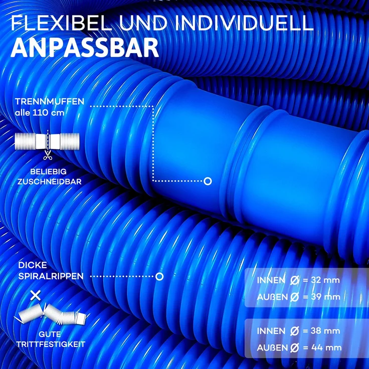 tillvex Poolschlauch Made in Germany | Schwimmbadschlauch mit Muffen | Solarschlauch für Pool und Schwimmbecken | Saugschlauch | Pumpenschlauch | flexibler Wasserschlauch (Blau, 25m / 32mm) – Bild 3