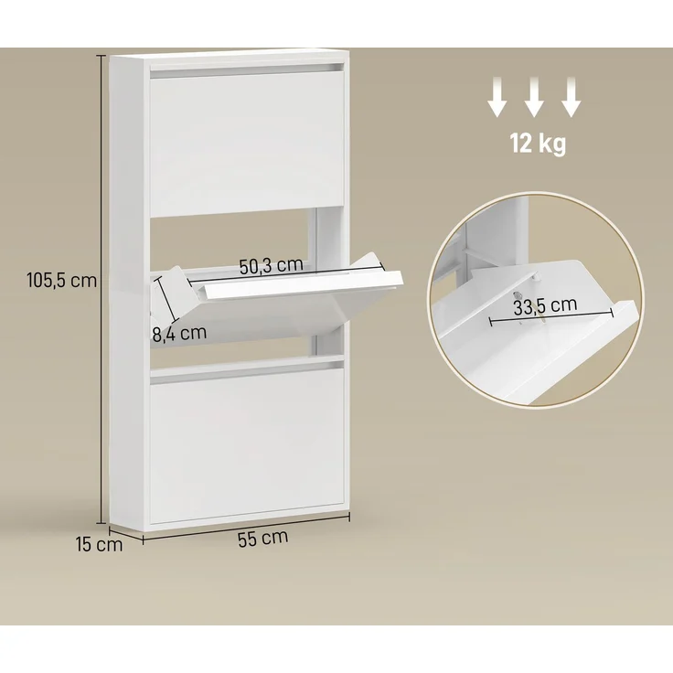 Metall-Schuhschrank mit 3 Klappfächern, schlanker Schuhschrank, wandmontiert, für 6 Paar Schuhe, Weiß--Weiß--105.5x15x55cm--YOUDENOVA – Bild 5
