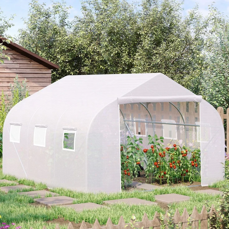 Wohnora-Foliengewächshaus 4,45x2,99x2,05m UV-Schutz Tomatenhaus, Mesh-Fenster, Winddicht, Metall, Weiß,H 205cm x T 445cm x B 300cm – Bild 3