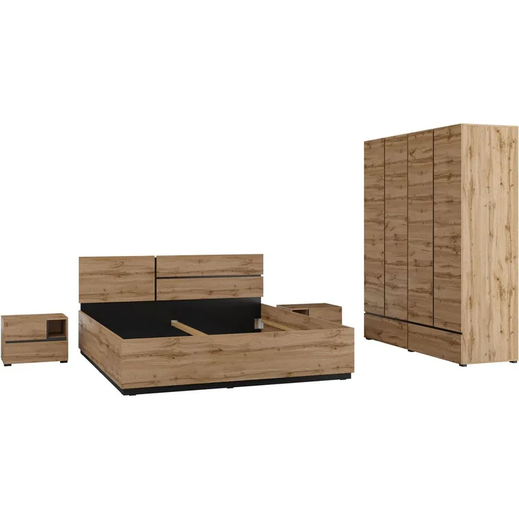 OTTO home Schlafzimmer-Set Cross, moderne, grifflose Optik, FSC-zertifiziert, (4-tlg, Bett 180x200cm, 2 Nachtkommoden, Schrank 2-oder 4-türig), Komplettschlafzimmer-Set