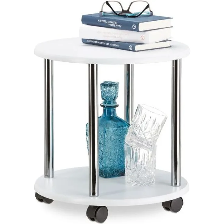 Relaxdays Beistelltisch rollbar mit 2 Etagen, MDF / Edelstahl Weiß, 41,5 x 40 x 40 cm