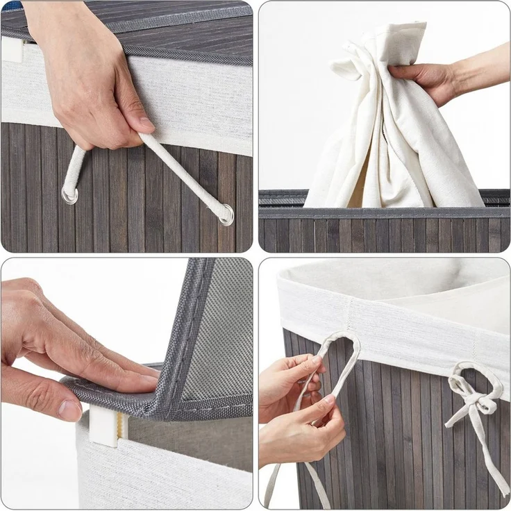 Mondeer Wäschekorb 150L Wäschesammler aus Bambus, mit 3 Fächern, faltbar, mit Tragegriffe, Deckel – Bild 2