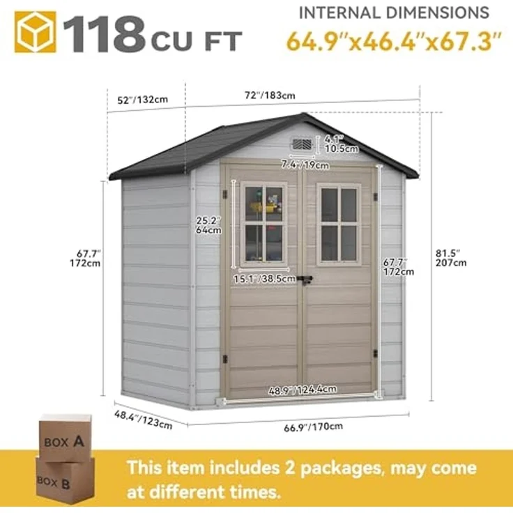 YITAHOME Kunststoff Gartenhaus 6x4.4 Fuß mit Boden, Wetterfester Aufbewahrungsschuppen mit verschließbaren Türen, Fenstern & Belüftung für Gartenwerkzeuge, Fahrräder, 183 x 135 x 208 cm, Braun Schwarz – Bild 7