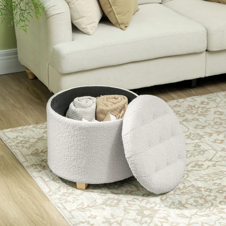 Sitzkissen mit Stauraum, runder Hocker, Fußhocker aus Bouclé-Stoff, Belastbarkeit 120 kg, Ø 45 x 41 cm, weiß – Bild 9