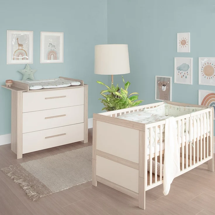 roba Babymöbel Set 2-teilig Momo - Kinderbett 70 x 140 cm umbaubar + Wickelkommode mit 3 Schubladen - Griffe aus Massivholz- Cashmere/ Tristan Eiche – Bild 1