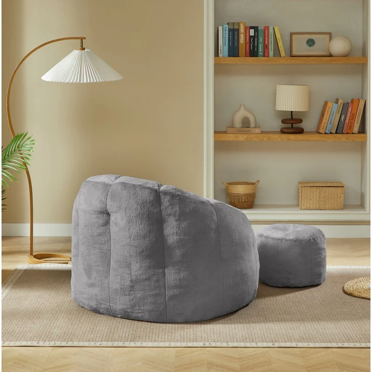 Sitzsack 105 x 105 x 70 cm mit Fußhocker – Blütenform aus Kaninchenfell-Imitat in Grau – Bild 7