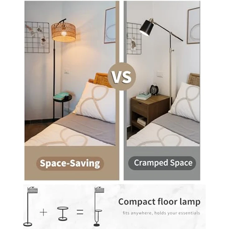 LuminexDesigns Stehlampe Wohnzimmer Vintage Rattan - Stehleuchte Schwarz Retro E27 mit Ablage Höhenverstellbar 176CM Boho Standleuchte mit 2M Kabel Fußschalter Beige Standlampe für Schlafzimmer – Bild 8