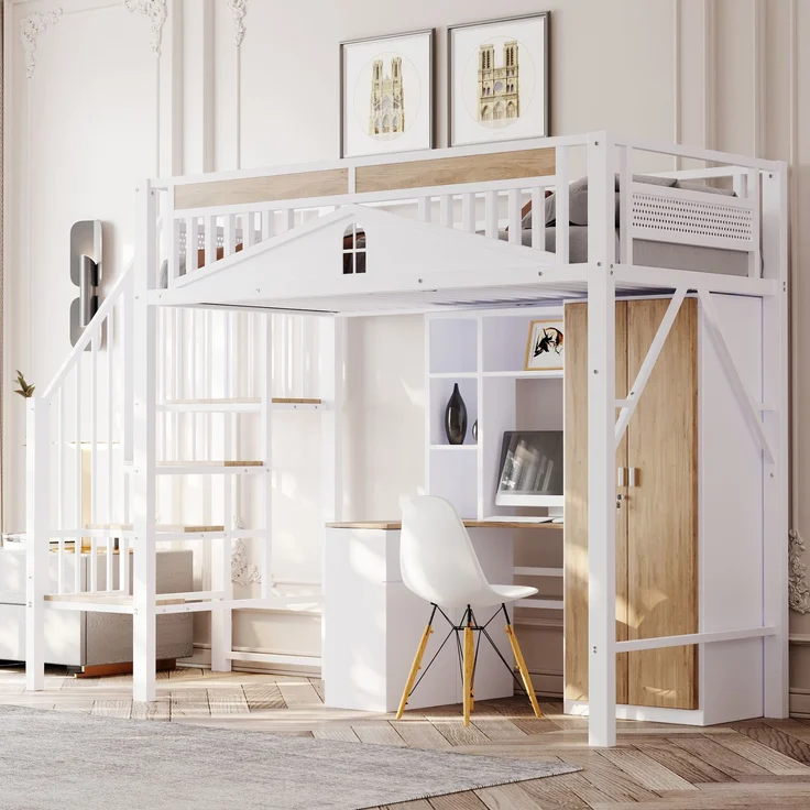 EINHOM Metall-Hochbett 90 x 200 cm, Einzigartige Sicherheitsumrandung mit Fenster, mit Sicherheitsleiter, Genügend Platz unter dem Bett für Freien Stoffbezug, Weiß (Ohne Matratze) – Bild 4