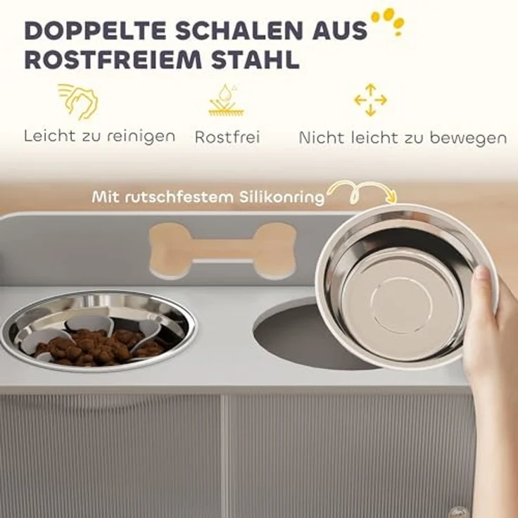 PawHut Futternapf Erhöhte Futterstation mit Aufbewahrungsschrank, 2 Schüsseln, Edelstahl, für große Hunde, Grau – Bild 5