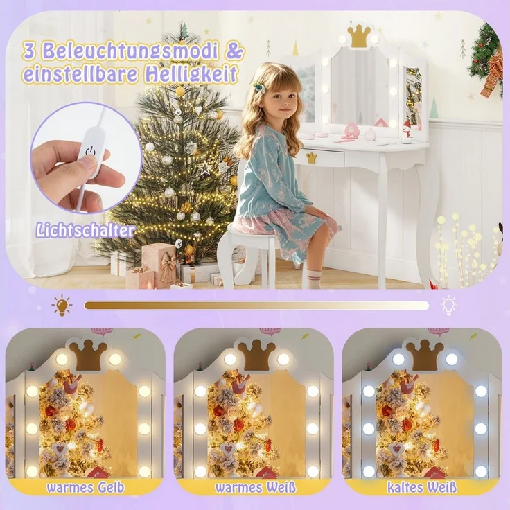 COSTWAY Schminktisch Kinderschminktisch mit Hocker, mit LED Beleuchtung – Bild 3