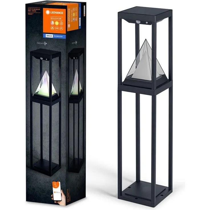 LEDVANCE SMART+ Outdoor Bluetooth Solar-Wegeleuchte, mit warmweißem (3000K) und Farblicht, ohne Strom nutzbar, bis 2,5 Stunden Brenndauer bei 100% Licht, wiederaufladbar mit USB-C Kabel, IP44, schwarz