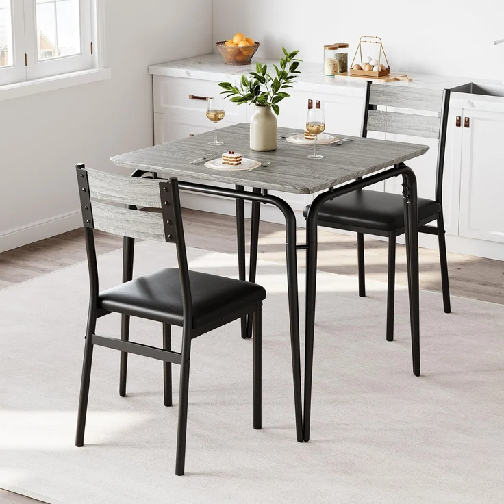 IDEALHOUSE Platzsparendes 3-teiliges Esszimmer-Set für 2 Personen – Moderner quadratischer Tisch mit 2 Stühlen – Ideal für kleine Räume & Apartments – Robust & stilvoll – Farbe: Grau, MDF-Tischplatte