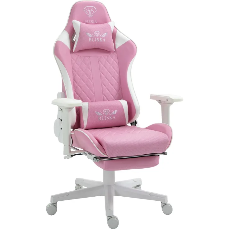 Trisens Gamingstuhl mit Fußstütze, verstellbarer Rückenlehne & ergonomsichen 4D-Armlehnen, Kunstleder Rosa/Weiß, (128-140) x 70x55 cm