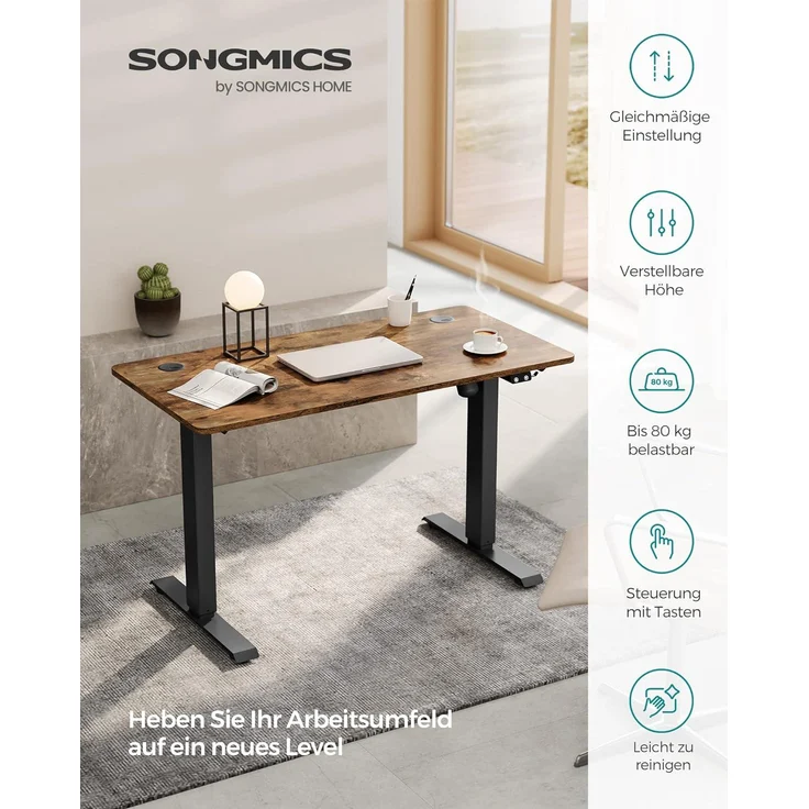 SONGMICS Höhenverstellbarer Schreibtisch elektrisch, Tischgestell, Schreibtischständer mit Motor, stufenlos verstellbar, 120 x 60 x (73-114) cm, Stahl, vintagebraun-schwarz LSD011B01 – Bild 4