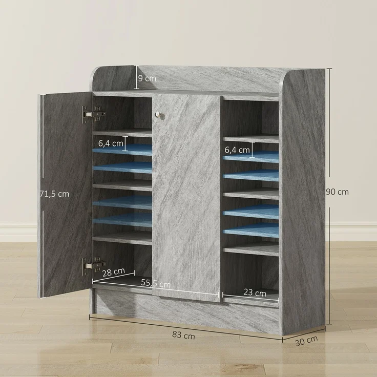 Schuhschrank, Platz für 12 Paar Schuhe, 2 Türen und 4 offene Fächer, für Flur oder Eingangsbereich, Grau--Grau--90x30x83cm--YOUDENOVA – Bild 5