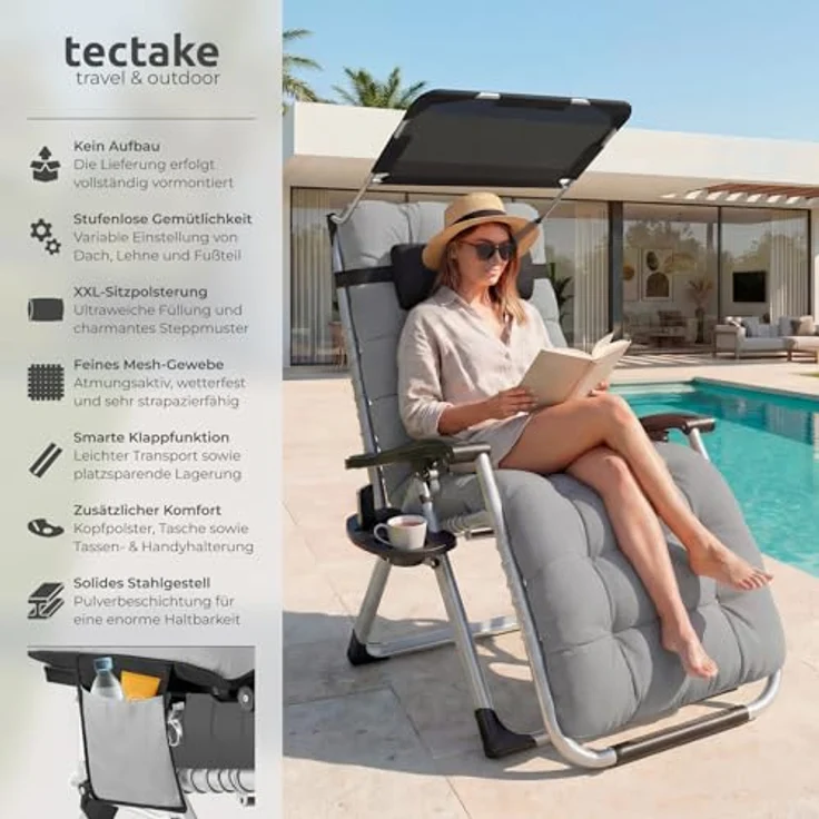 tectake® Sonnenliege klappbar, Liegestuhl, Gartenliege mit Sonnendach, Outdoor Sessel für Balkon oder Garten, Liege mit extra Dicker Auflage, Relaxliege belastbar bis 200kg - hellgrau, 2er Set – Bild 4