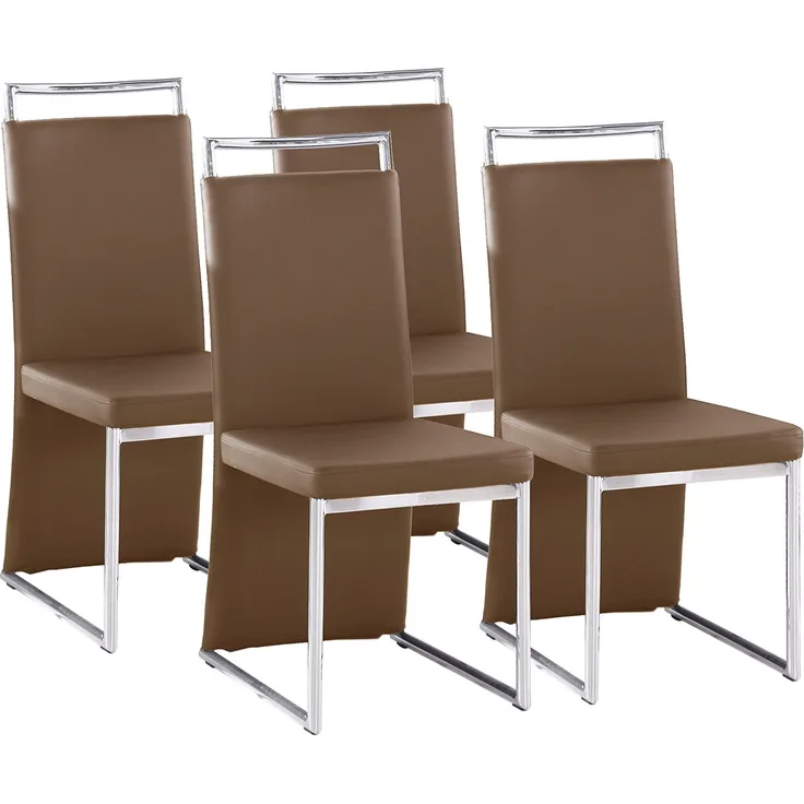 CAVADORE Esszimmerstuhl 4-er Set SCARLETT / 4x Stühle in modernem Design mit Griff und langem Rückenteil / Bezug Lederimitat Cappuccino / Gestell verchromt / 58 x 45 x 100 cm (T x B x H)