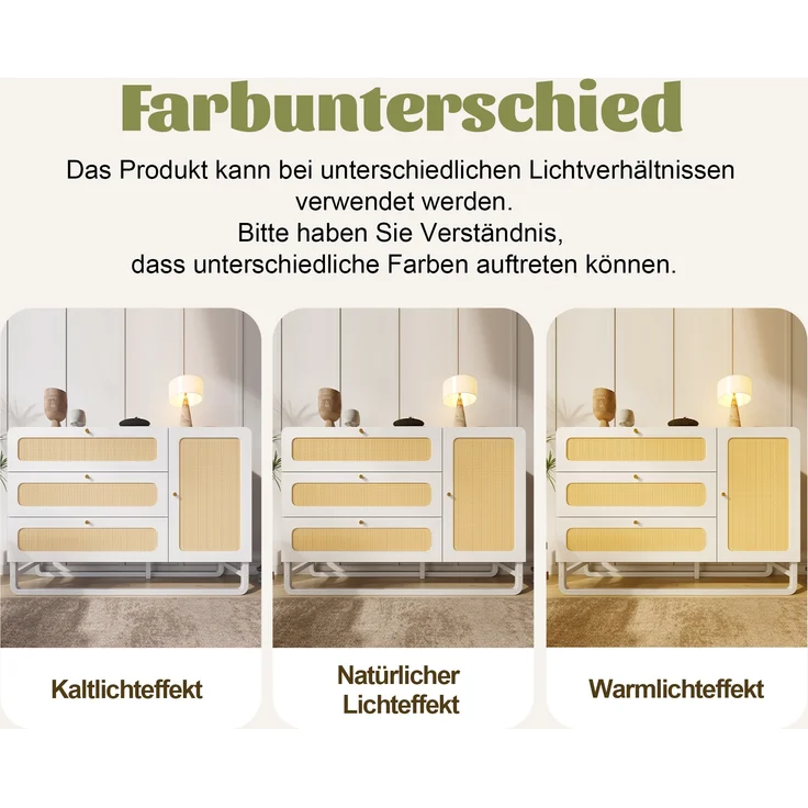 Sideboard Landhausstil mit Rattan & höhenverstellbaren Böden, 120x40x85 cm, Weiß – Bild 9