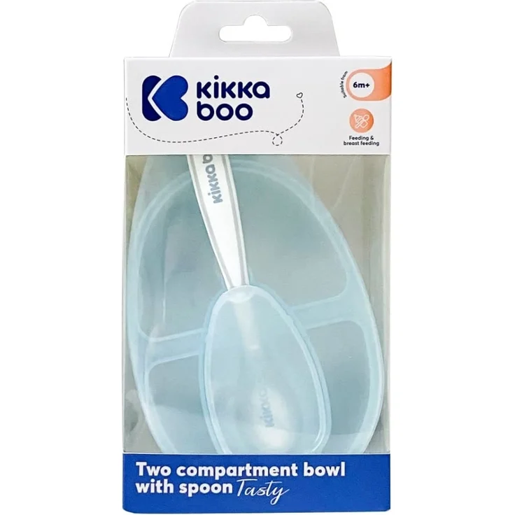Kikkaboo Kinderschüssel Tasty Doppelkammer, Löffel, Deckel, großes Fach 150 ml blau – Bild 5