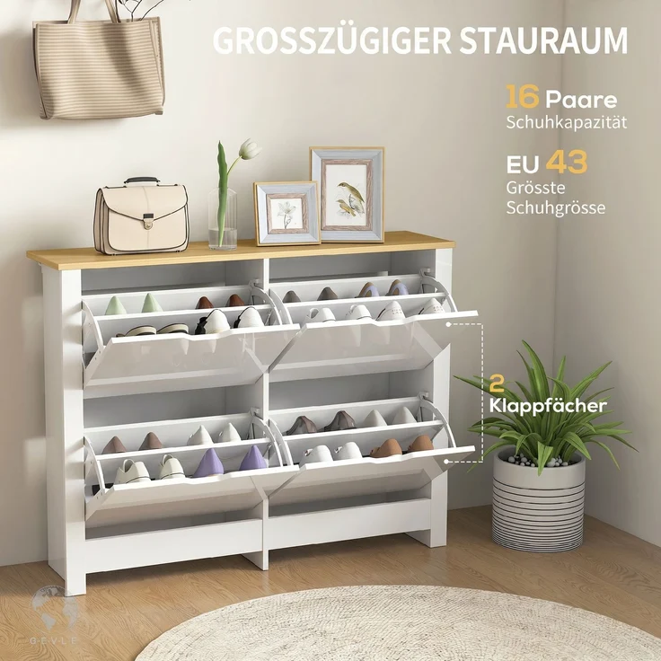 Schuhschrank Schmal mit 4 Klappfächern für 8–16 Paar Schuhe, 105 x 26 x 80 cm, Weiß+Natur--Weiß--80x26x105cm--YOUDENOVA – Bild 6