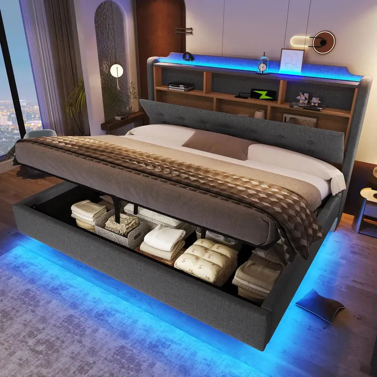 Polsterbett mit LED-Streifen, Type-C, USB und Stauraum, in schwebender Optik, gepolsterter Kopfteil, 180x200 cm, Doppelbett, Stauraumbett, Leinen