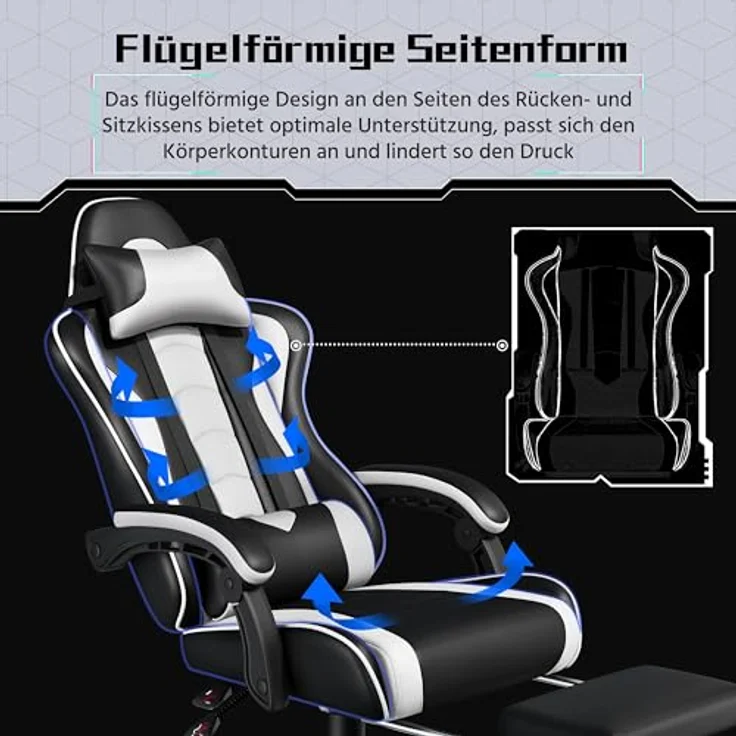 Yaheetech Gaming Stuhl Ergonomischer Gamer Stuhl mit Massagefunktion Computerstuhl mit Fußstütze Bürostuhl 90-135° Rückenlehne verstellbar Gaming Sessel PC Stuhl Weiß – Bild 9