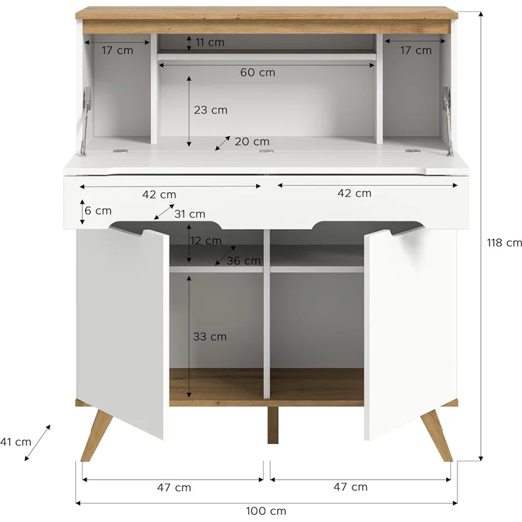xonox. home Wohnzimmer Stockholm Sekretär Schreibschrank Schrank Stauraumschrank in weiß Absetzung Nox Oak, ca. 100 x 118 x 40 cm – Bild 3