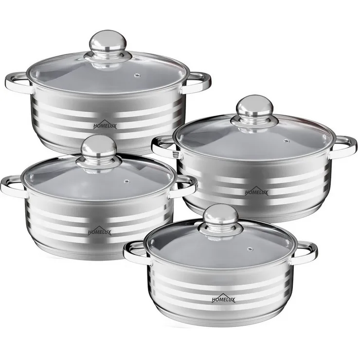 HOMELUX Topf-Set 8/10tlg Edelstahl Topfsets für alle Herdarten, Edelstahl (1,6/2,3/3,1/3,4/4,2/4,5/5,8/6,3/7,3 Liter, 4-tlg, für alle Herdarten), Induktion, mit Glasdeckel