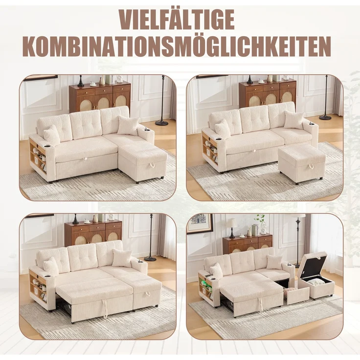 ZUBALIYA Sofa 144x85 cm, mit LED - Beleuchtung, mit USB - Anschluss, mit Stauraum, mit Ablageflächen, mit Ausziehbett – Bild 10