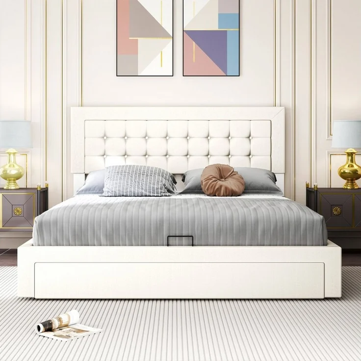 oyajia Polsterbett Doppelbett Polsterbett 140x200cm, Luftdruck anhebbarer Stauraumbett (Leinenmaterial Polsterbett mit Lattenrost und Luftdruckhebel), Modernes Jugendbett, Leises Design, Einfach zu montieren und stabil – Bild 2