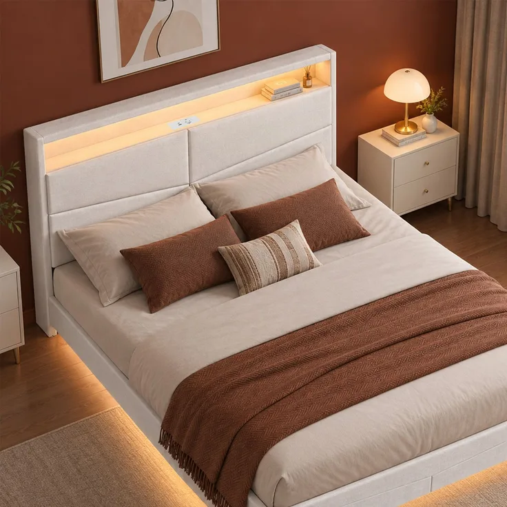 Halupeit Schwebebettgestell aus cremefarbenem Leinen mit integriertem Stauraum am Bett, stimmungsvoller LED-Beleuchtung und integrierter Steckdosenleiste; 210,5 × 146,5 × 110,0 cm