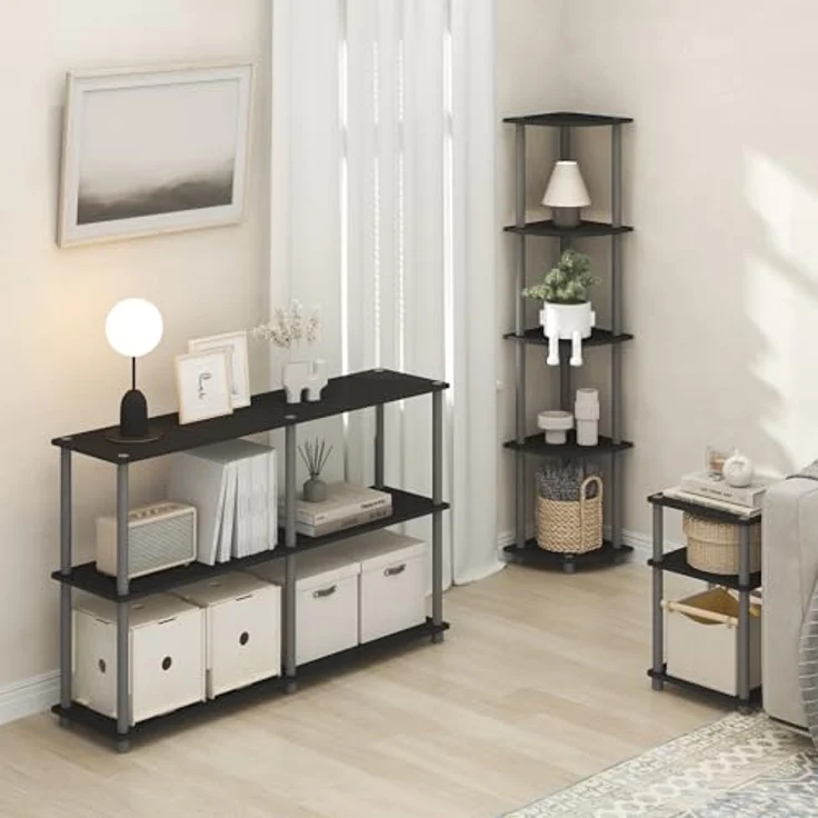 Furinno Turn-N-Tube Eckregal, 5-stöckiges Eck Bücherregal, Offene Aufbewahrungsregale, für Organisation und Aufbewahrung, Wohnzimmer, Home Office, Garage, Schlafzimmer, Rein Schwarz – Bild 5