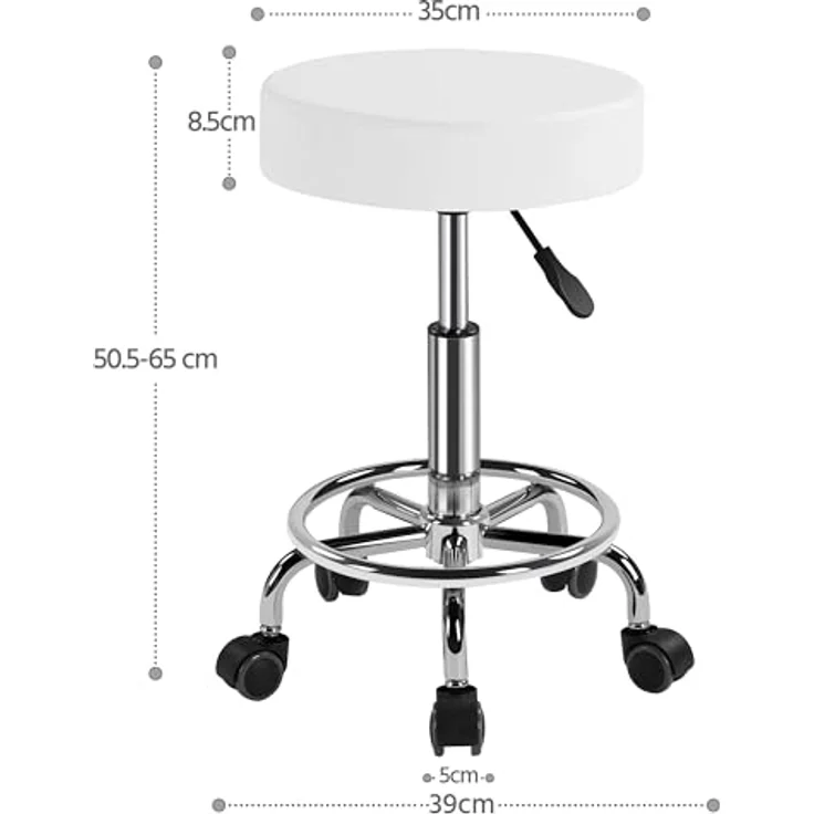 Yaheetech Rollhocker Höhenverstellbar 50,5–65 cm Sitzhöhe Drehhocker 360° Drehbar Bürohocker bis 120 kg Arbeitshocker mit Rollen Hocker Weiß – Bild 3