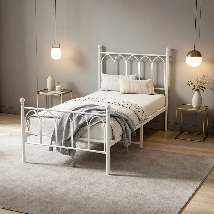Metallbett 90x200 cm mit 15 cm Matratze, Industrial-Design, verziertes Kopfteil, Weiß – Bild 5