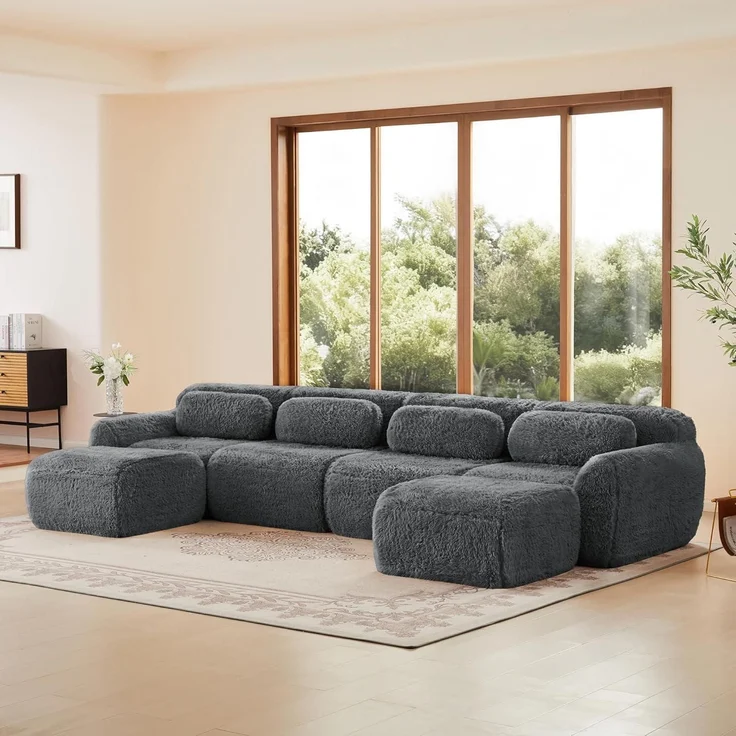 Sofa 4 Sitzer 2 Hocker U Form Kissen Grau 4-Sitzer Sofa + 2 Hockern – Bild 3