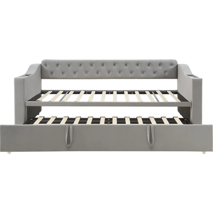 Schlafsofa Samt mit Staufächern & USB-C, 90/180x190 cm grau – Ausziehbares Kingsize Bett, hydraulisch, Sofabett – Bild 9