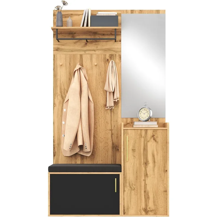 Kompakter Kleiderschrank mit Spiegel und Sitzbank, Flurschrank mit Schuhregal und Haken, kompakter Kleiderschrank, Flurmöbelset(Not a one-piece product, holes need to be drilled in the wall.)--Schwarz + Natur--100x38x185cm--YOUDENOVA