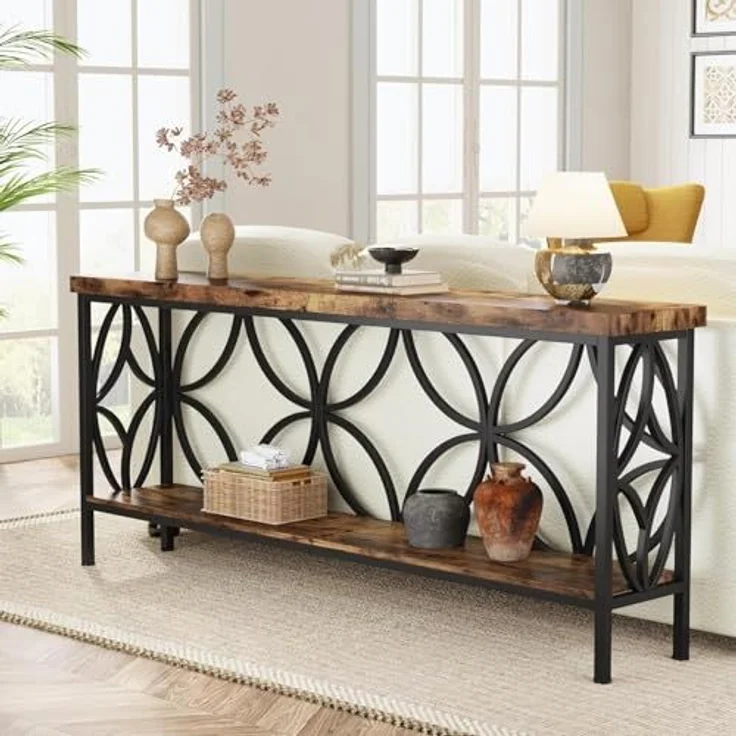LITTLE TREE Sofatisch, 160 cm großer Industrie-Couchtisch hinter dem Sofatisch mit Aufbewahrungsregalen, schmaler Langer Konsolentisch für den Eingangsbereich, Wohnzimmer, Foyer, Flur, Büro – Bild 4