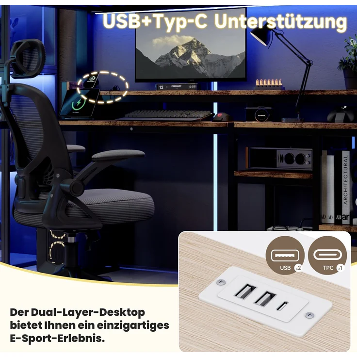 Hochbett, 90 x 200 cm, Metallbettgestell, Leiterschrank, Ablagefach, USB + Typ-C, LED-Lichtleiste, Ohne Matratze, Schwarz – Bild 8
