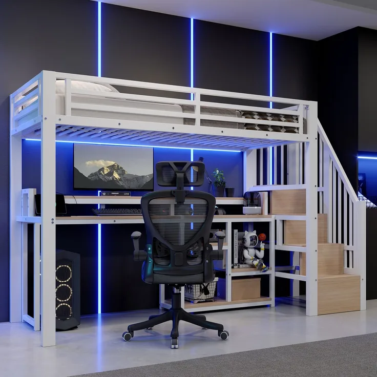 EINHOM Hochbett, 90 x 200 cm, Metallbettgestell, Leiterschrank, Ablagefach, USB + Typ-C, LED-Lichtleiste, Weiß (Ohne Matratze)
