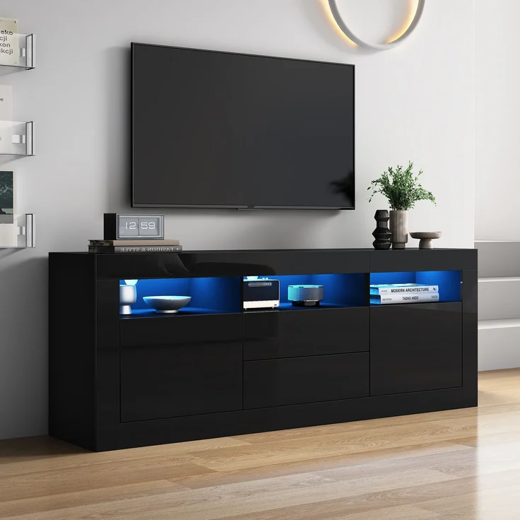 Merax 160*35*60cm Hochglanz-TV-Schrank mit LED-Beleuchtung, 3 offenen Fächern, 2 Türen, 2 Schubladen, Smart App Steuerung, für 70-Zoll-Fernseher, Hochglanz-TV-Ständer, Schwarz – Bild 1