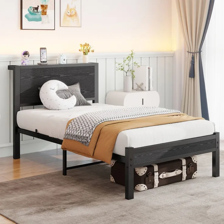 Homerecommend Metallbett 90x200 cm, Einzelbett und Gästebett, mit MDF-Kopfteil und Lattenrost, Vintage Schwarz