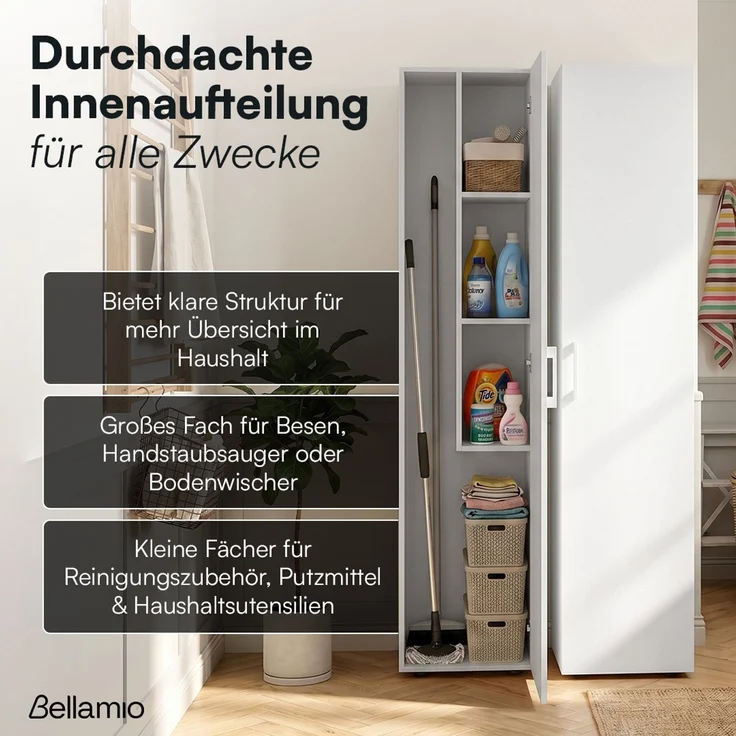 Bellamio 'Apol' Mehrzweckschrank schmal, weiß, 176x33x40 cm, Besenschrank mit Staubsaugerfach und 3 kleinen Fächern – Bild 2