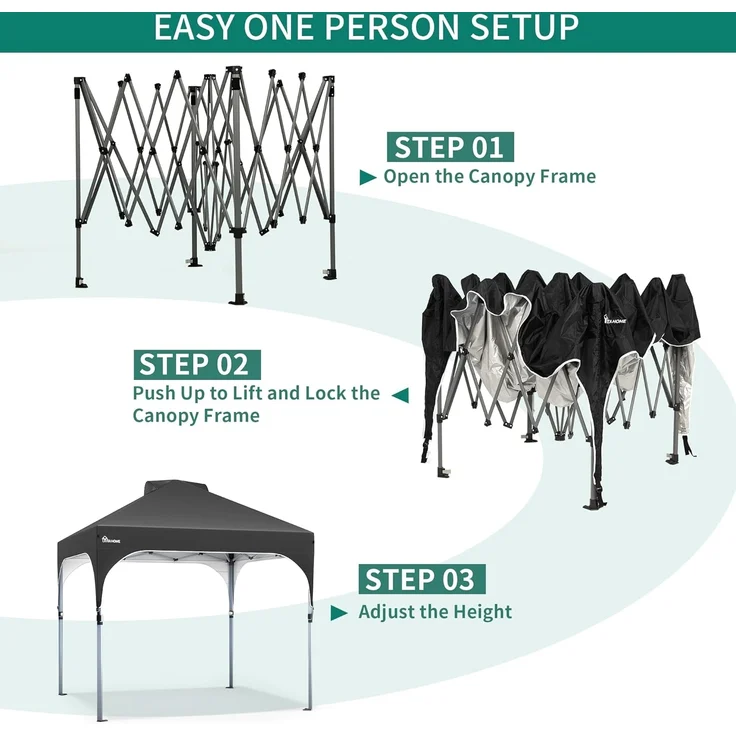 YITAHOME 2,5x2,5 m wasserdichte Pavillon Faltpavillon, Faltbarer Pop up Pavillon Outdoor Anti-UV Gartenpavillon Höhenverstellbarfür Alle Jahreszeiten Für Party Camping Märkte Pool Festival, Schwarz – Bild 3