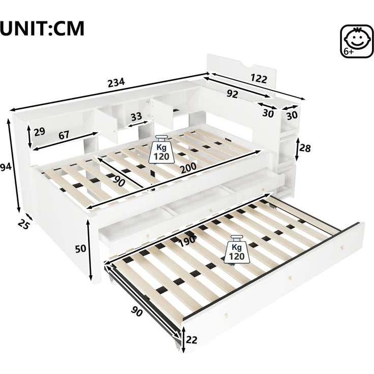 90x200 cm Holzbett mit USB-Ladeanschluss, 3 Schubladen und ausziehbarem Gästebett, Stauraumbett – Bild 6