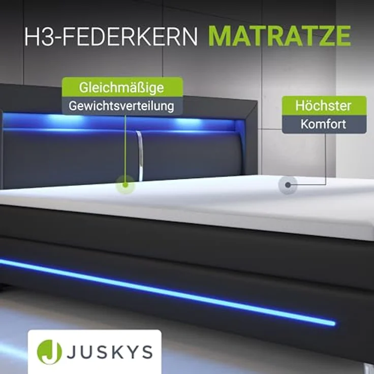 Juskys Boxbett Norfolk, Schwarz, 200x200 cm, Boxspringbett mit LED-Beleuchtung und Bonell Federkernmatratzen – Bild 6