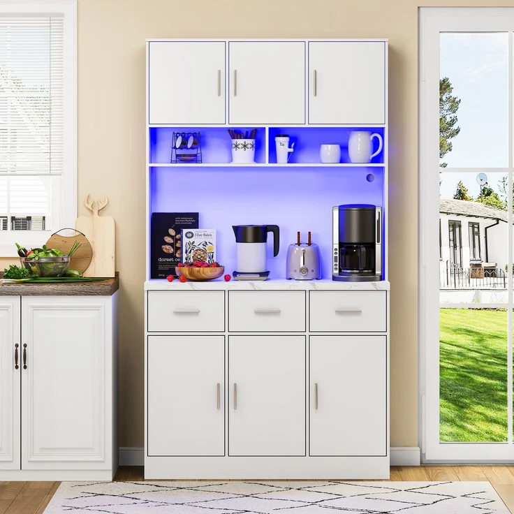 100x40x180cm, multifunktionales Buffet mit LED-Beleuchtung mit APP-Steuerung, Schubladen, verstellbaren Einlegeböden, Kabelführungslöchern und Steckdosen, ideal für Küchen und Esszimmer – Bild 5