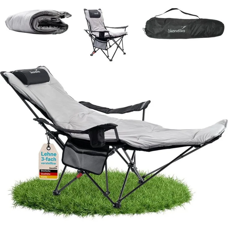 Skandika Campingstuhl Toras mit Fußablage und mit Auflage, 2-in-1 Liegefunktion (Max. Benutzergewicht 120 kg, Gewicht: 4,7 kg), verstellbare Rückenlehne, leicht, Klappstuhl mit Getränkehalter