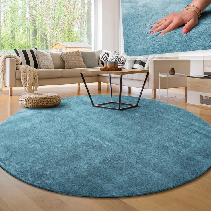 Paco Home Waschbarer Teppich Wohnzimmer Schlafzimmer Kurzflor rutschfest Flauschig Weich Moderne Einfarbige Muster, Grösse:200 cm Rund, Farbe:Türkis